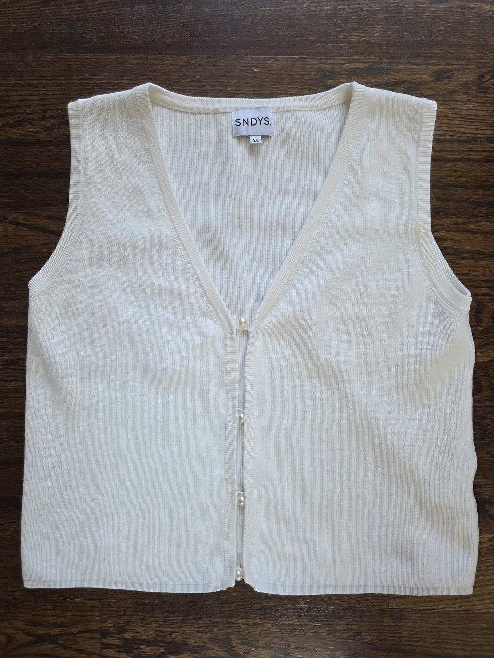 SNDYS Cream Ribbed Knit Sweater Vest - Pearl Buttons Front - Size M